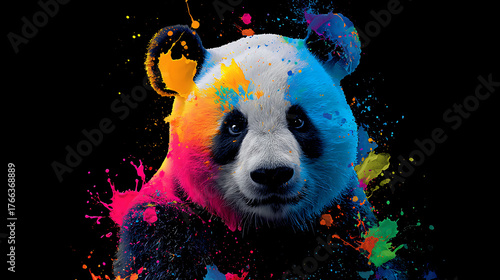A panda head bursts with neon paint splashes on a black background, vibrant surreal portrait bright