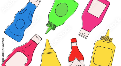 Colorful Assortment of Various Sauce Bottles Illustration.