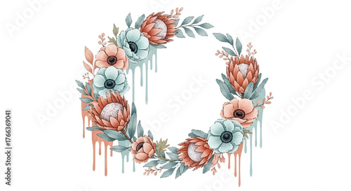 Boho Watercolor Flower Wreath with Protea, Anemone, and Dripping Paint Effect