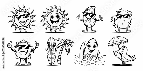 Collection of eight fun cartoon characters enjoying summer vacation with sunglasses and beach themes