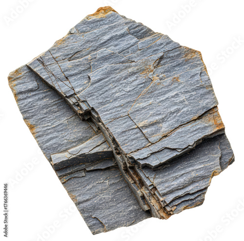 Gray slate metamorphic rock sample showing layers and texture isolated on a transparent background