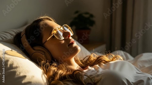Woman in bed wearing headphones and sunglasses enjoying sunlight.