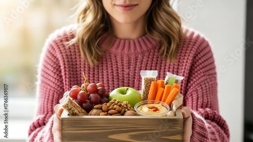 Woman in Pink Sweater Holding a Wooden Box Filled with Healthy Snacks.