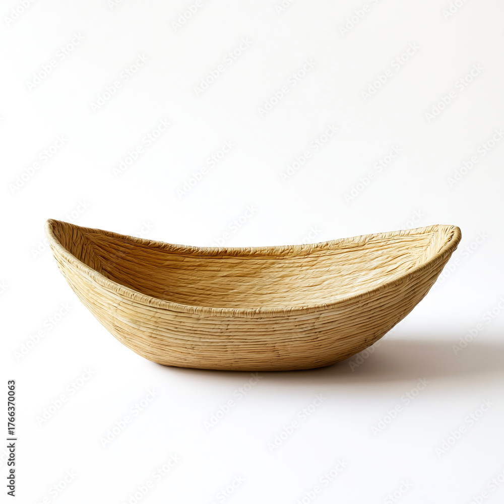 Fototapeta premium Handcrafted Moroccan-Style Palm Leaf Basket with Organic Shape on White Background