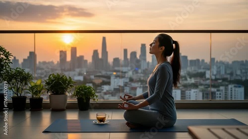 Woman Meditating on Balcony at Sunrise Over Cityscape.