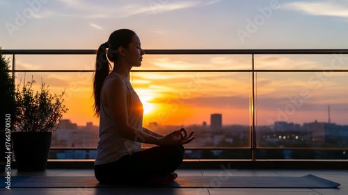 Woman meditating on balcony at sunset.