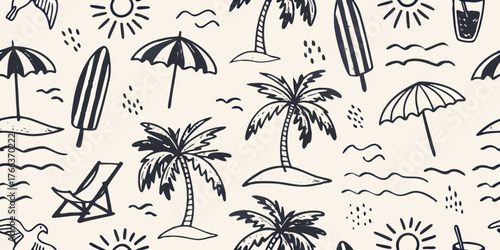 Hand drawn doodle pattern of tropical beach elements including palm trees surfboards umbrellas and sun on a light background