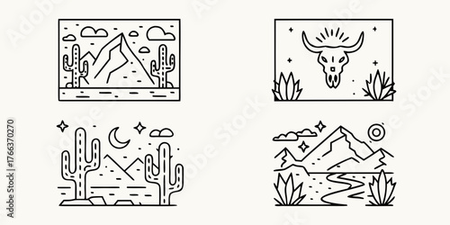 Set of minimalist line art illustrations depicting desert landscapes with cacti mountains and a bull skull emblem