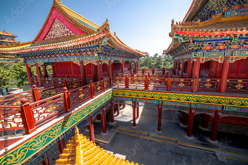 Photos Bright red, green and blue traditional Chinese pavilion in San Xian Shan tourist