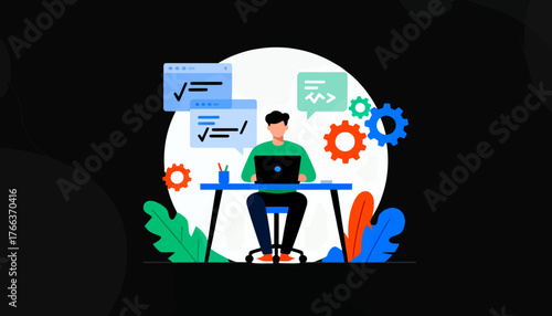 A man is sitting at a desk with a laptop and a keyboard. He is working on a project