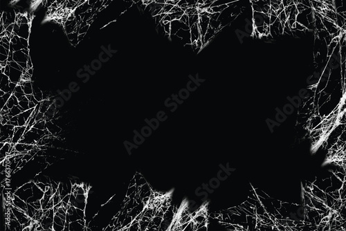 Cobweb frame. Spider web isolated on black grunge background. Halloween party. Texture of spider web. Halloween decoration. Gothic style Copy space	