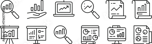 Data analysis icon vector set, profit graph illustration sign collection, data science symbols, business analytics icons, statistics, charts, growth trend, financial data visualization, digital inform