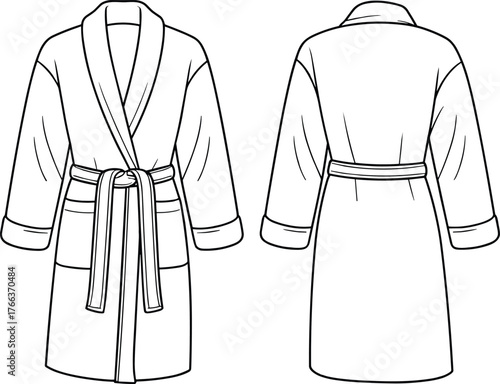 Bathrobe fashion flat sketch, technical drawing, vector illustration, shawl collar robe design, garment template, clothing construction, apparel CAD drawing
