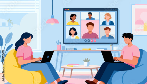 Two people are sitting in front of a laptop computer, one of them is typing. They are in a living room with a TV in the background