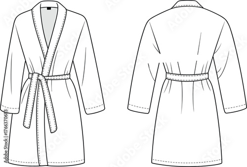 Bathrobe technical flat sketch with belt, front and back view, cad drawing flat vector illustration, garment template, fashion design apparel