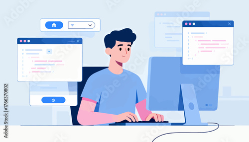 A man is sitting in front of a computer with a keyboard and a mouse. He is smiling and he is enjoying his work. The computer screen is filled with various windows and icons