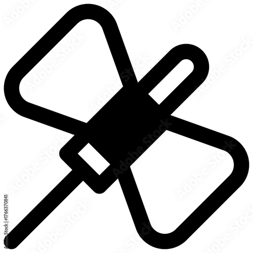 Butterfly needle. Outlined stroke vector icon with black-filled details.