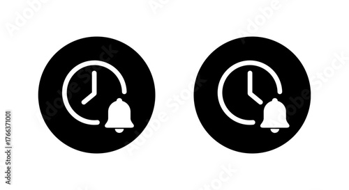 Clock with bell icon in black circle. Time reminder and alert notification symbol