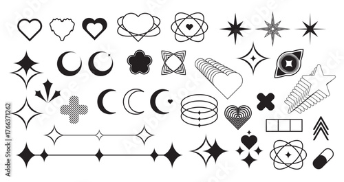 Collection of abstract graphic design elements and icons in black and white