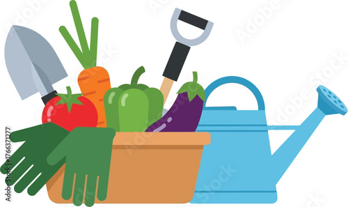 Freshly harvested vegetables and gardening tools ready for planting and watering