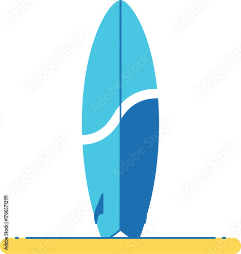 Vibrant blue surfboard standing upright on a sandy beach, ready for ocean adventure.