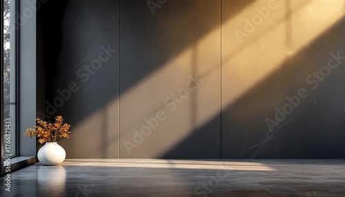 Minimalist modern interior with sunlight on dark wall and white vase