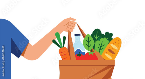 Grocery bag isolated on white background with vegetables, bread, milk and fruit