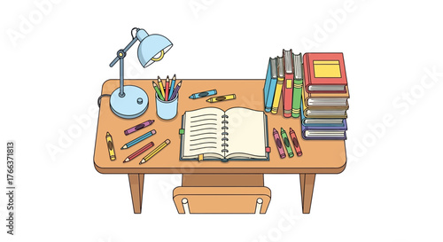 Wooden desk with lamp and school supplies isolated on white background for study