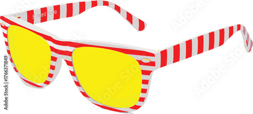 Retro sunglasses, striped frame, yellow lenses, bold eyewear, fashion accessory, summer style, playful design, wayfarer shape, colorful glasses, trendy look, vibrant shades, statement piece