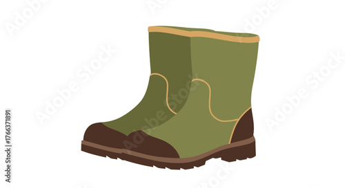 Pair of green rubber boots isolated on white background, waterproof footwear item