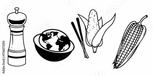 Illustration of a pepper grinder, earth in a bowl, chopsticks, and two cobs of corn in black and white