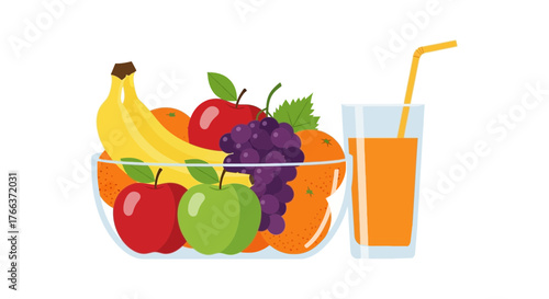Vibrant bowl of fresh fruits with a glass of orange juice, promoting healthy eating and refreshment.