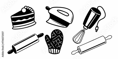 Illustration of a cake slice, hand mixer, oven mitt, scraper, and two rolling pins in black and white