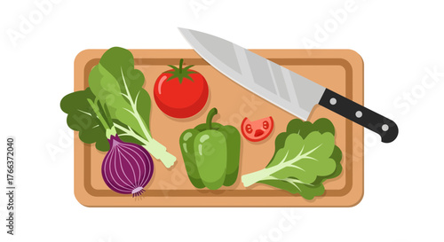Fresh ingredients for a healthy salad prepared on a cutting board with a chef's knife