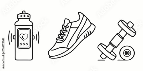 Illustration of a water bottle with heart rate monitor, a shoe, and a dumbbell for fitness needs