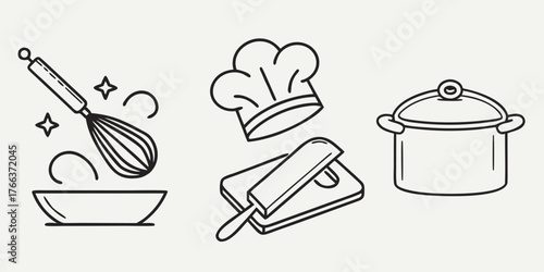 Illustration of kitchen utensils including a whisk, chef hat, knife, cutting board, and pot