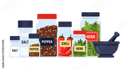 A vibrant collection of spices and herbs in glass jars with a mortar and pestle, ready for cooking and seasoning.