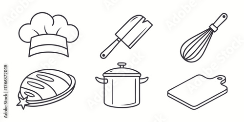 Illustration of a chef's hat, meat cleaver, whisk, bread, pot, and cutting board in black outline