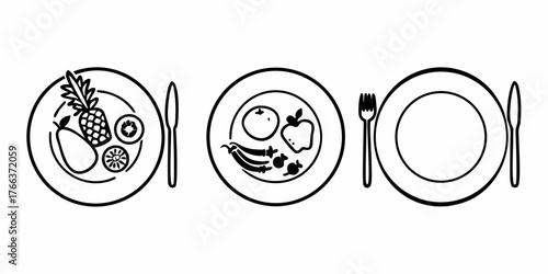 Three plates displaying fruit vegetables and an empty plate with cutlery in a black and white image