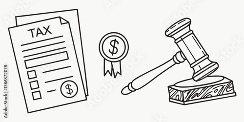 Illustration of tax form, dollar coin, and gavel representing financial law and legal compliance issues