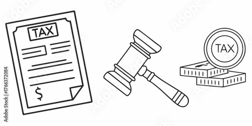 Illustration of a tax form, gavel, and coins representing legal and financial obligations and processes
