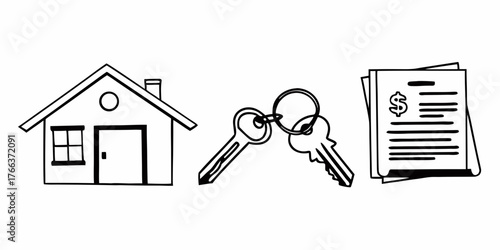 Illustration of a house with keys and a financial document in black and white outline style