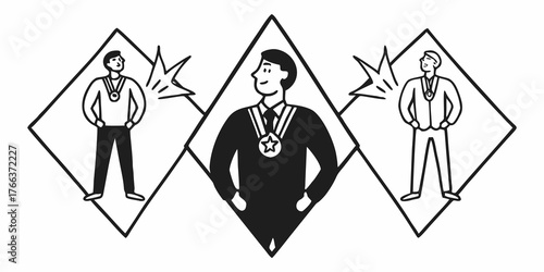 Three men in diamond shapes with medals around their necks and starbursts behind them are featured