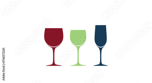 Three wine glasses with red, white, and sparkling wine isolated on white background
