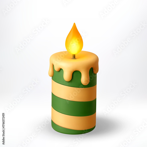 3D Striped green and orange burning candle with melted wax. Decorative holiday element for Christmas day, New Year, birthday party, saint patrick day. Vector illustration