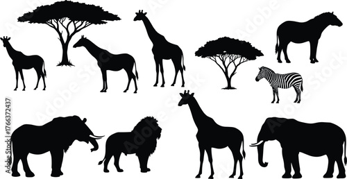 African animal silhouettes, giraffe outline, elephant shape, lion design, zebra stripes, horse silhouette, acacia tree, savanna wildlife, safari nature, wild animals