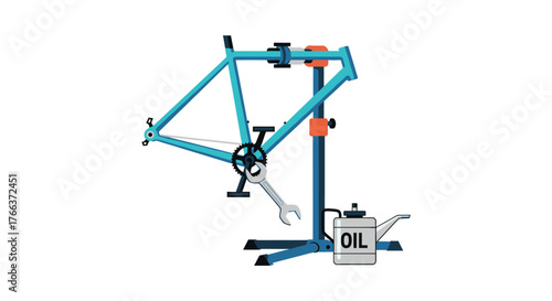 Illustration of a bicycle frame on a repair stand isolated on white background