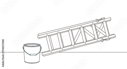 Simple line drawing of a leaning ladder next to a bucket on a plain background
