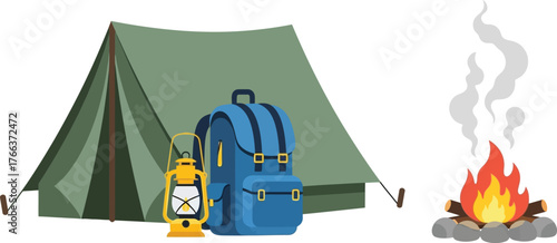 Camping set with tent, backpack, lantern, and campfire isolated on white background