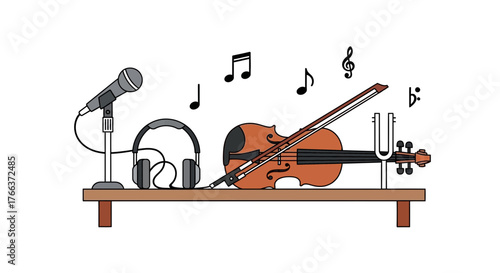 Musical instruments and audio equipment create a symphony of sound on a wooden shelf.